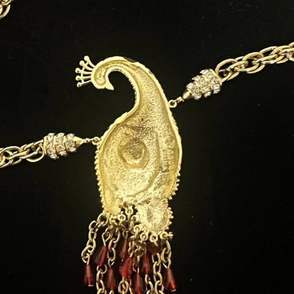 Vintage Red Lotus Peacock Statement Necklace Gold Tone Red Tassel Rhinestone